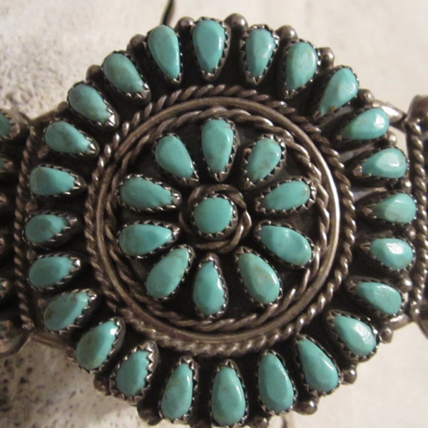 SOLD-SOLD (D)--Vintage Zuni Navajo Sterling Silver Cluster Cuff Bracelet Signed Faux. Turquoise Jewelry