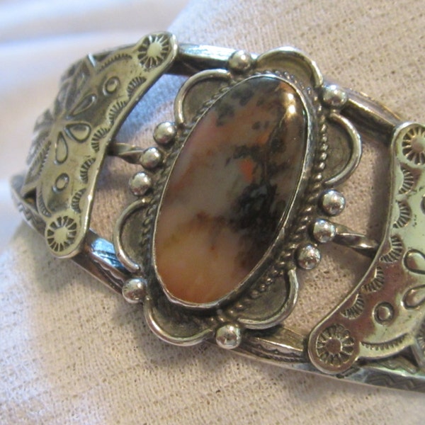 RESERVED-Cuff Bracelet/Sterling Silver Bracelet/Moss Agate Bracelet/Vintage Bracelet