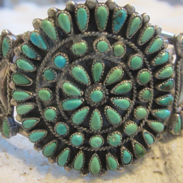 Vintage Native American Jewelry Turquoise Sterling Silver Cuff Bracelet Petit Point Signed S.M. Bahe