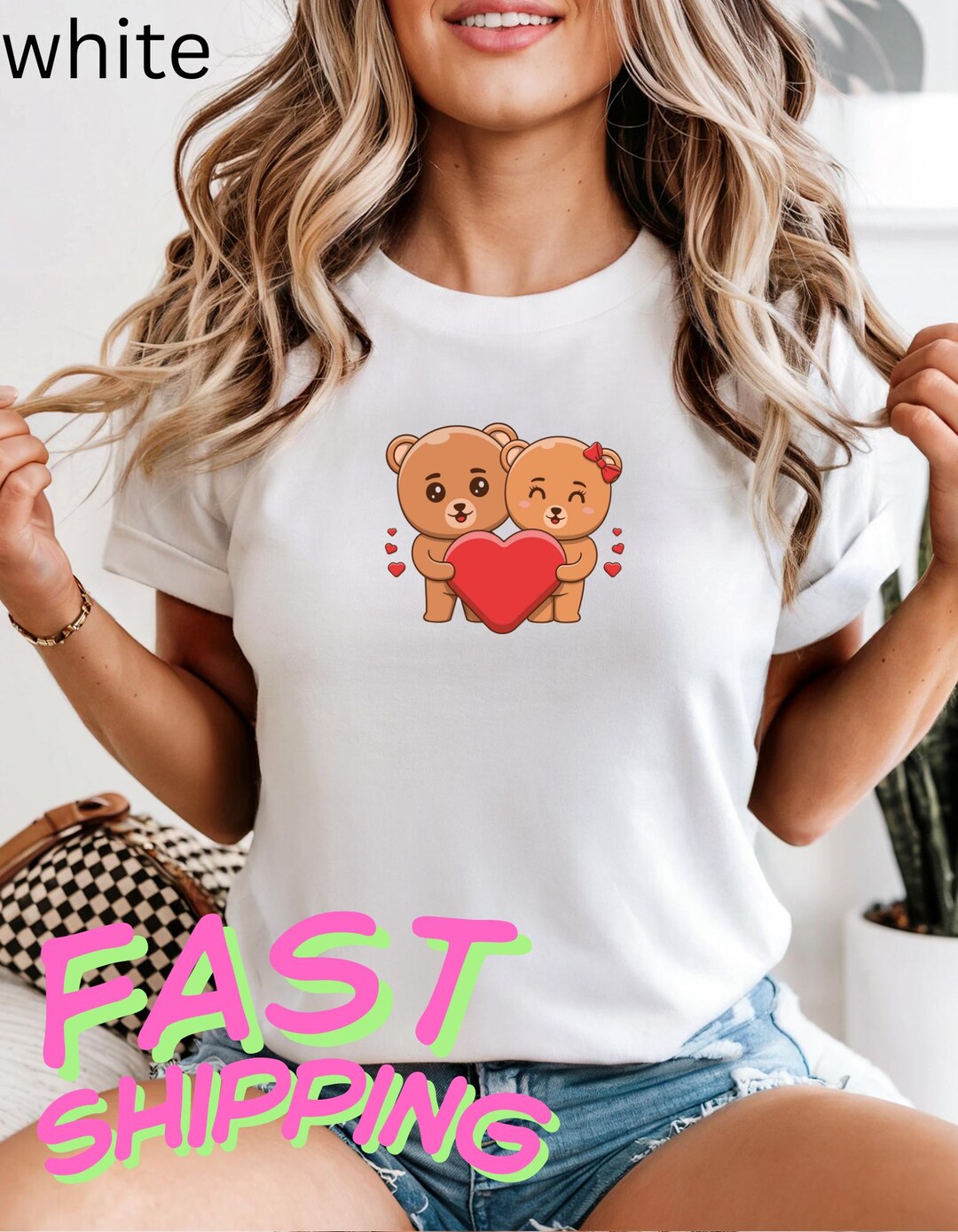 Teddy Bear Couple Love T-shirt, Valentine Heart Graphic Tee, Cute ...