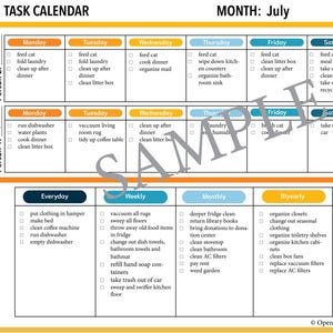 Op de afbeelding: Een taakagenda voor juli, met dagelijkse, wekelijkse, maandelijkse en tweejaarlijkse taken. De agenda is verdeeld in secties voor twee personen, Maddie en Sophie, met taken zoals het voeren van huisdieren, schoonmaken en organiseren.
