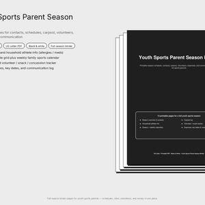 Könnte beinhalten: Ein digitaler Saisonplaner für Eltern von jungen Sportlern mit 12 druckbaren Seiten in Schwarz-Weiß. Das Dokument enthält Abschnitte für Teamkontakte, Athleteninformationen, Saisonpläne, Fahrgemeinschaften, Freiwilligenlisten und Ausgabenprotokolle.