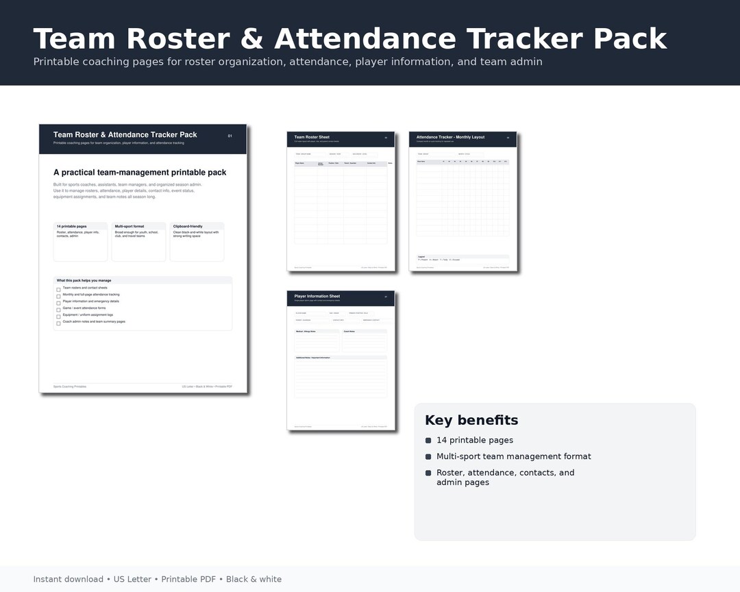 Team Roster & Attendance Tracker Pack Printable PDF | Coach Binder ...