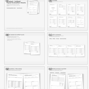 May include: A set of white printable sheets for baseball and softball tryout evaluation. The sheets include sections for skills assessment, positions, and final ranking. The text on the sheets includes "Tryout Evaluation Sheets" and "Etsy Listing Images".