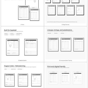Peut inclure: Un ensemble de cartes de composition d'équipe et de notes de match de baseball, avec des modèles pour les entraîneurs. L'image présente plusieurs pages avec des mises en page structurées pour le suivi des statistiques des joueurs, des changements de composition et des stratégies de jeu.
