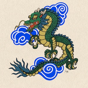 Japanischer Drache Kunstdruck: Tattoo-inspiriertes asiatisches Dekor