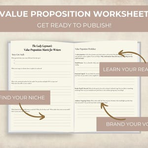 May include: An open workbook with the title "Value Proposition Worksheet" and prompts for writers. The text includes "Find Your Niche", "Learn Your Readers", and "Brand Your Voice". The background is a light brown colour.