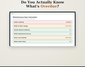 Home Maintenance Checklist | Seasonal Home Tracker + Warranty Log + Due Date Calculator | Homeowner Planner