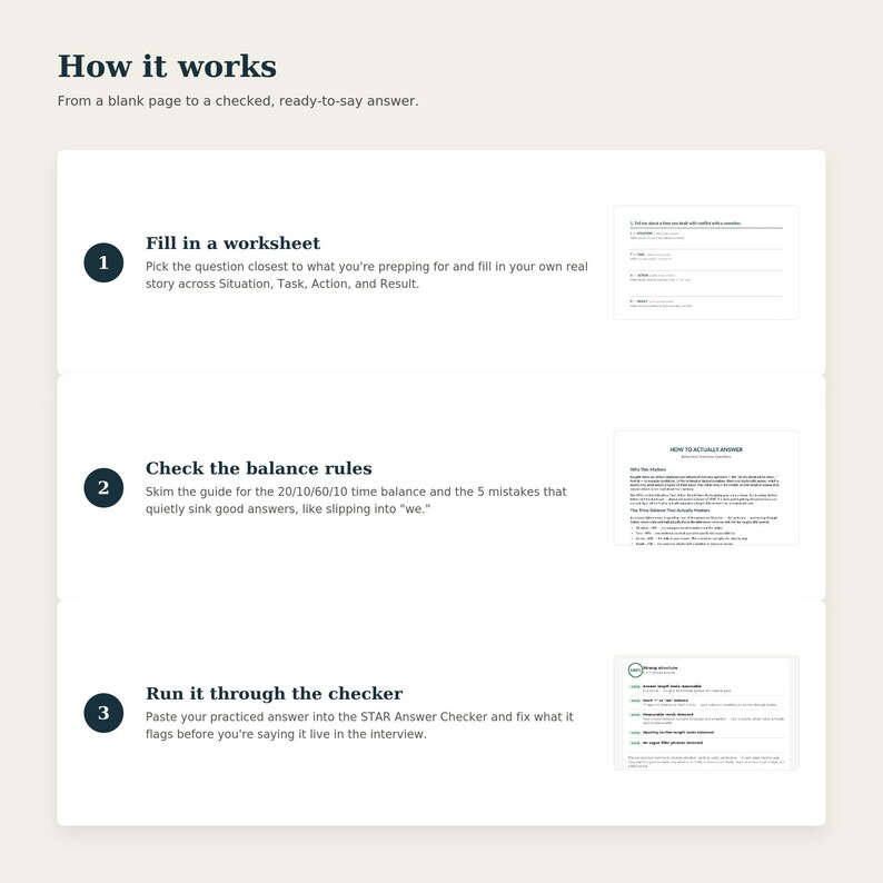 May include: An instructional infographic titled How it works, detailing a three-step process. Step 1: Fill in a worksheet. Step 2: Check the balance rules. Step 3: Run it through the checker. Each step includes a small preview of the corresponding document.