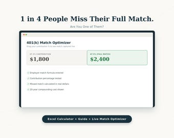 401k Match Calculator & Optimizer | Retirement Savings Tool (Excel + Interactive)