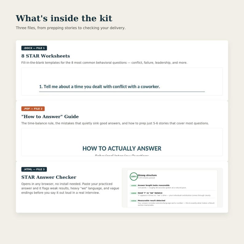May include: A digital kit containing three files: 8 STAR Worksheets for behavioral questions, a How to Answer Guide for interview preparation, and a browser-based STAR Answer Checker tool that provides feedback on answer structure and word balance.