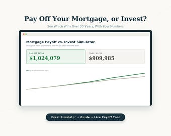 Mortgage Payoff vs Invest Calculator | 30-Year Net Worth Simulator | Excel + Live Interactive Tool | Instant Download