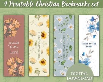 May include: A set of four printable Christian bookmarks. Each bookmark features floral designs and inspirational text. The bookmarks include phrases like "Praise be the Lord" and "Glory to the Lord!" The set is labeled as a digital download.