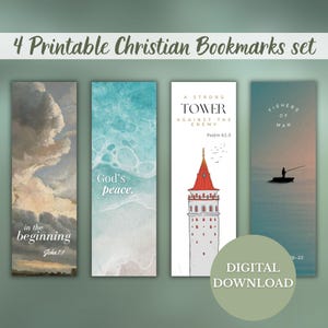 Może przedstawiać: Zestaw czterech drukowanych chrześcijańskich zakładek do książek. Każda zakładka zawiera unikalne wzory, w tym zachmurzone niebo, fale oceanu, ilustrację wieży i rybaka na łodzi. Zakładki zawierają inspirujące cytaty i wersety biblijne.