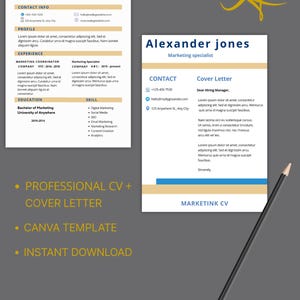 Op de afbeelding: Een professionele cv- en sollicitatiebriefsjabloon met een modern ontwerp. Het cv heeft een blauw en beige kleurenschema, met secties voor contactgegevens, profiel, ervaring, opleiding en vaardigheden. De sollicitatiebrief is ook inbegrepen. Direct downloaden.