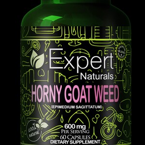 Puede incluir: Una botella de suplemento verde con tapa negra, etiquetada "Expert Naturals Horny Goat Weed". La etiqueta incluye el texto "600 mg por porción, 60 cápsulas, suplemento dietético". La botella está decorada con arte lineal verde neón.