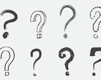 May include: A collection of twelve hand-drawn question mark illustrations in various styles. The question marks are in shades of gray and black, with different textures and line weights, set against a plain white background.