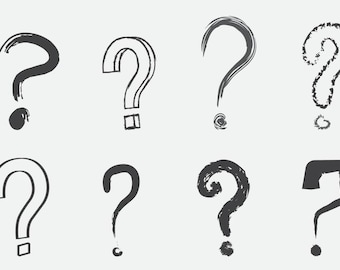 May include: A collection of twelve hand-drawn question mark illustrations in various styles. The question marks are in shades of gray and black, with different textures and line weights, set against a plain white background.