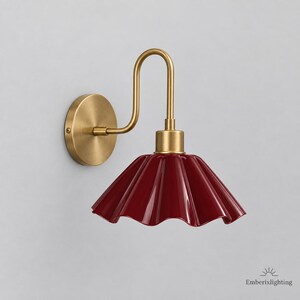 Mid Century Modern Scalloped Brass Wall Sconce, Cream Ruffle Shade Wall Light, Vintage Brass Bathroom Vanity Light & Bedside Lamp
