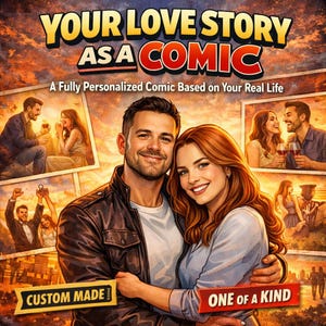 May include: Digital artwork advertising a personalised comic book. The image shows a smiling couple, with comic panels illustrating romantic moments behind them. Text includes "YOUR LOVE STORY AS A COMIC", "CUSTOM MADE", and "ONE OF A KIND".
