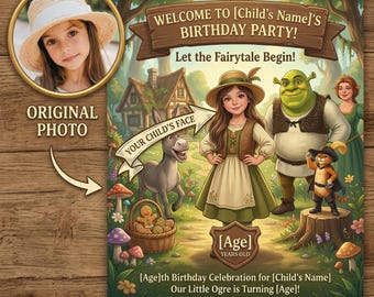 Shrek-verjaardagsbord, gepersonaliseerde sprookjesfeestposter (digitale download)