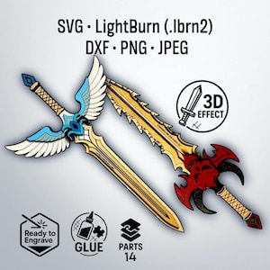 Puede incluir: Dos diseños detallados de espadas con detalles dorados, azules y rojos. Uno presenta una empuñadura alada, el otro un diseño de calavera. El texto incluye "SVG, LightBurn, DXX, PNG, JPEG", "3D Effect", "Ready to Engrave", "Glue" y "Parts 14".