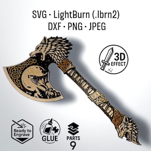 Puede incluir: Hacha de madera con diseños de lobos y detalles dorados. La cabeza del hacha presenta un lobo y un diseño de luna. El mango está decorado. El texto incluye: SVG, LightBurn, DXF, PNG, JPEG, Ready to Engrave, Glue, Parts 9, y 3D Effect. Objeto decorativo.