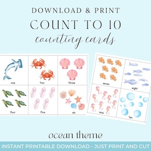 May include: Printable counting cards with an ocean theme. The cards feature watercolor illustrations of sea creatures like hammerhead sharks, crabs, and seahorses, with numbers from one to ten. The text "COUNT TO 10 counting cards" is at the top.