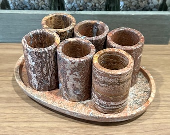 Handmade Granite Shot Glasses with Tray (Red Brown)