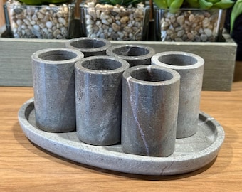 Handmade Granite Shot Glasses with Tray (Dark Gray)