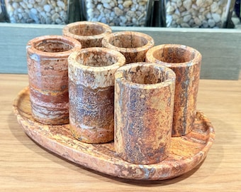 Handmade Granite Shot Glasses with Tray (Striped Brown)