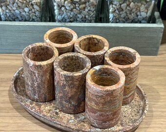 Handmade Granite Shot Glasses with Tray (Spotty Brown)