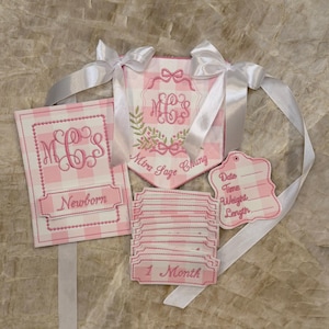 Puede incluir: Un conjunto de banderines y etiquetas de hitos para bebés a cuadros rosas y blancos. Los banderines presentan iniciales bordadas, nombres y la palabra "Newborn". Las etiquetas están etiquetadas como "1 Mes" e incluyen espacios para fecha, hora, peso y longitud.