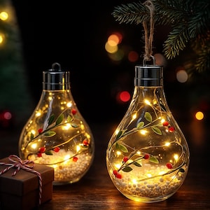 May include: Two clear glass bulb-shaped ornaments filled with tiny white beads and warm white fairy lights. Each ornament has a silver cap and is decorated with sprigs of green leaves and red berries. A small gift box sits nearby.