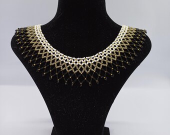 Black, Grey, and White Seed Bead Necklace with Gold Accent Beads – Elegant Handmade Jewelry