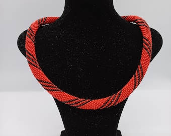 Red Seed Bead Necklace with Black Triple Line Design – Handmade Boho Jewelry