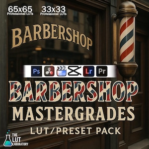 Może przedstawiać: Witryna zakładu fryzjerskiego z klasycznym słupem fryzjerskim. Na oknie widnieje napis "BARBERSHOP" w stylu vintage. Widoczny jest również tekst "BARBERSHOP MASTERGRADES LUT/PRESET PACK" wraz z ikonami oprogramowania.
