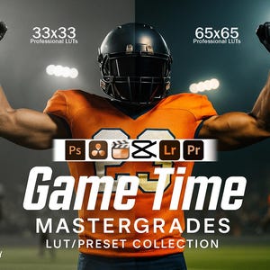 Könnte beinhalten: Ein American-Football-Spieler in einem orangefarbenen Trikot und schwarzem Helm hebt die Arme. Das Bild enthält den Text "Game Time MASTERGRADES LUT/PRESET COLLECTION" und Software-Symbole. Der Hintergrund zeigt Stadionlichter und andere Spieler.