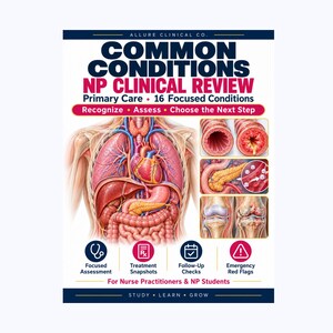 Puede incluir: Una guía de revisión clínica titulada Common Conditions NP Clinical Review de Allure Clinical Co. La portada presenta una ilustración anatómica detallada de órganos humanos e imágenes médicas de diversas afecciones para profesionales de enfermería.