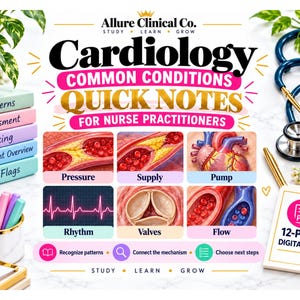 May include: A 12-page digital PDF titled Cardiology Common Conditions Quick Notes for Nurse Practitioners. The document features medical illustrations of heart anatomy, blood vessels, and EKG rhythms, alongside a stethoscope and books.