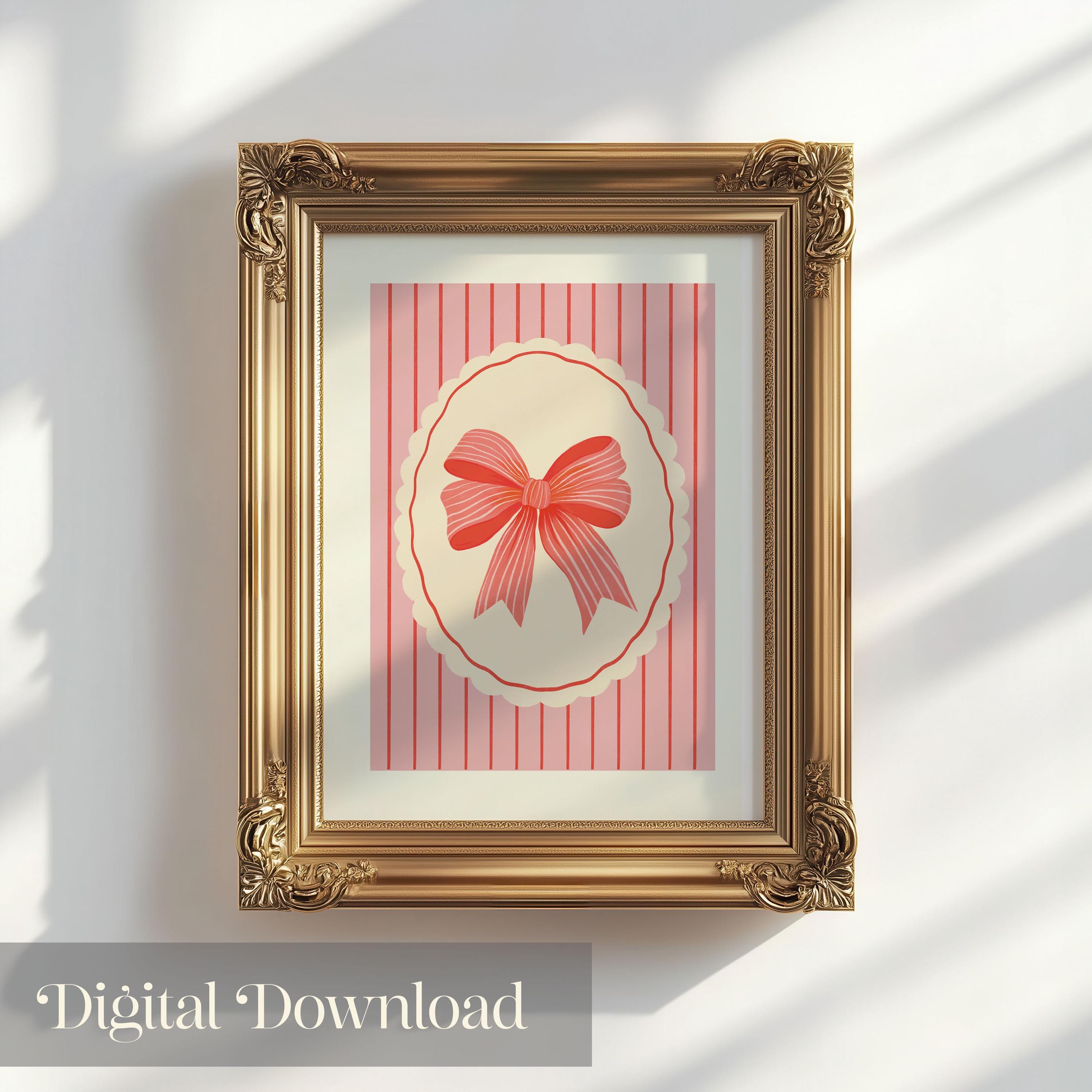 Coquette Christmas Printable Wall Art Festive Holiday Decor Girly Bow Hand Drawn Pink & Red Bow Preppy Stripe Vintage Aesthetic Download Art