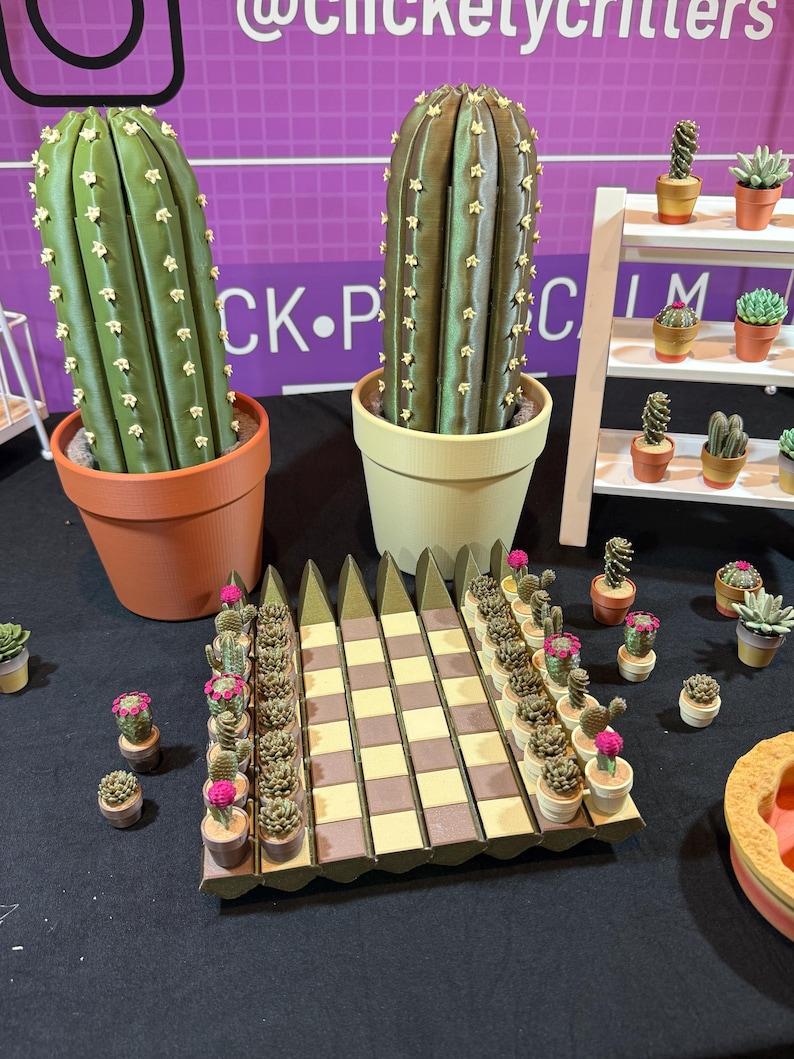 May include: Display of various miniature cactus and succulent plants in small pots. Two large, green cactus plants are in terracotta and cream-colored pots. A display of miniature plants is arranged on a checkerboard-like structure.