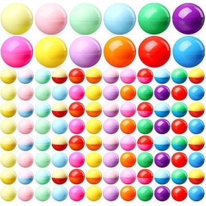 May include: A collection of smooth, spherical plastic containers in a variety of solid colors including yellow, pink, mint, blue, green, purple, orange, and red. The top section features larger spheres, while the bottom section displays smaller two-toned spheres.