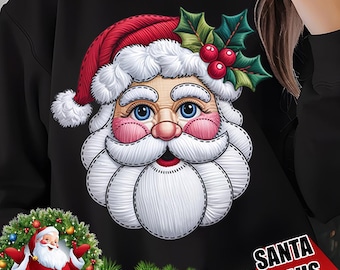 Quilted Santa Face PNG, Retro Christmas Design (Digital Download)