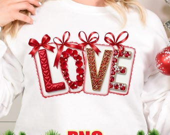 LOVE Valentine PNG Sublimation Design, Faux Yarn Quilt Letters with Red Bows, Valentine Shirt PNG, Romantic Printable Clipart