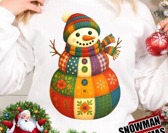 Patchwork Snowman Christmas PNG, Winter Clipart (Digital Download)