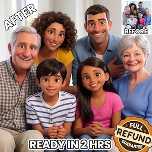 May include: A digitally enhanced family portrait of seven smiling people. The image includes the text "AFTER" and "READY IN 2 HRS". A smaller image shows the "BEFORE" version. A "FULL REFUND GUARANTEE" seal is also present.