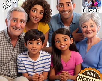 Aangepast familieportret in Pixar-stijl, gepersonaliseerde 3D-tekenfilmkunst (digitale download)
