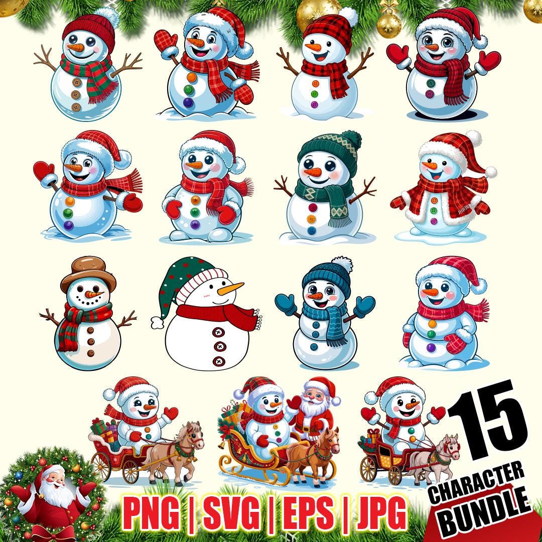 Snowman Clipart Bundle: 15 Christmas PNG SVG Graphics (digital Download ...