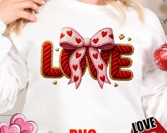Faux Yarn LOVE Valentine PNG, Coquette Bow Crochet Love Design, Valentine Sublimation PNG, Knitted Yarn Heart Shirt Graphic, Digital Art